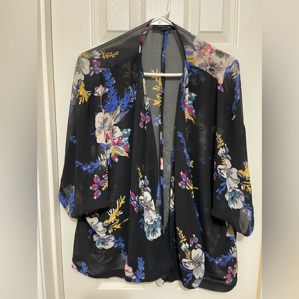 Forever 21 Black Sheer Floral Open Front Swim Cover Up size Large